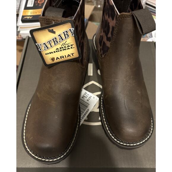 Ariat® Ladies Fatbaby® Twin Gore Tan & Leopard Ankle Boots 10042418 7 B Medium - Picture 1 of 6